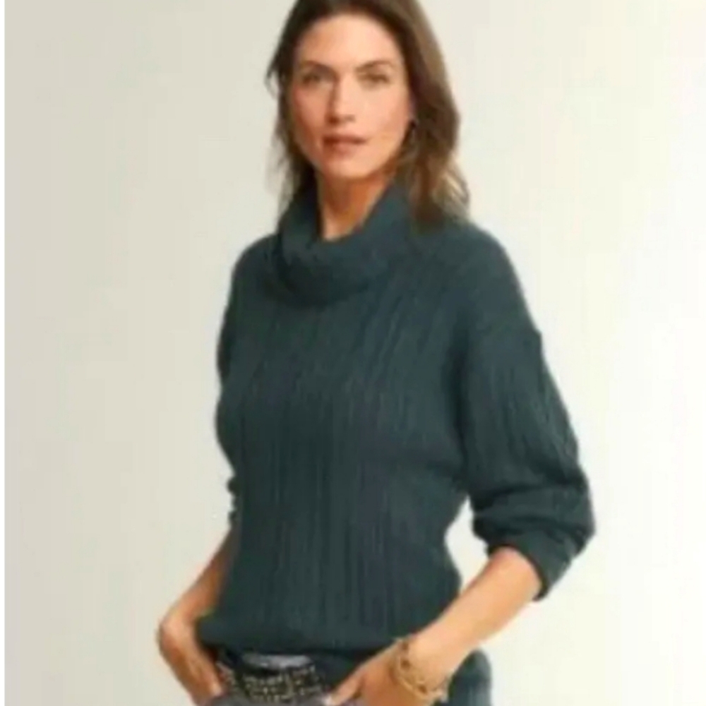 Cabi Dark Teal Tryst Pullover Turtleneck Sweater w/ Back Cut Out & Drop Shoulder